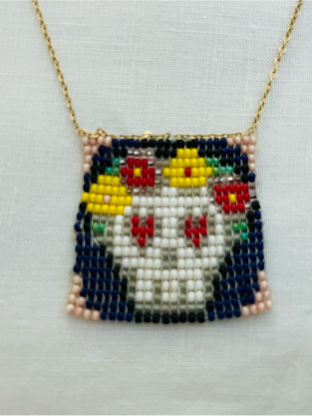 Handmade Beaded Skull Pendant Necklace in White, Navy & Yellow